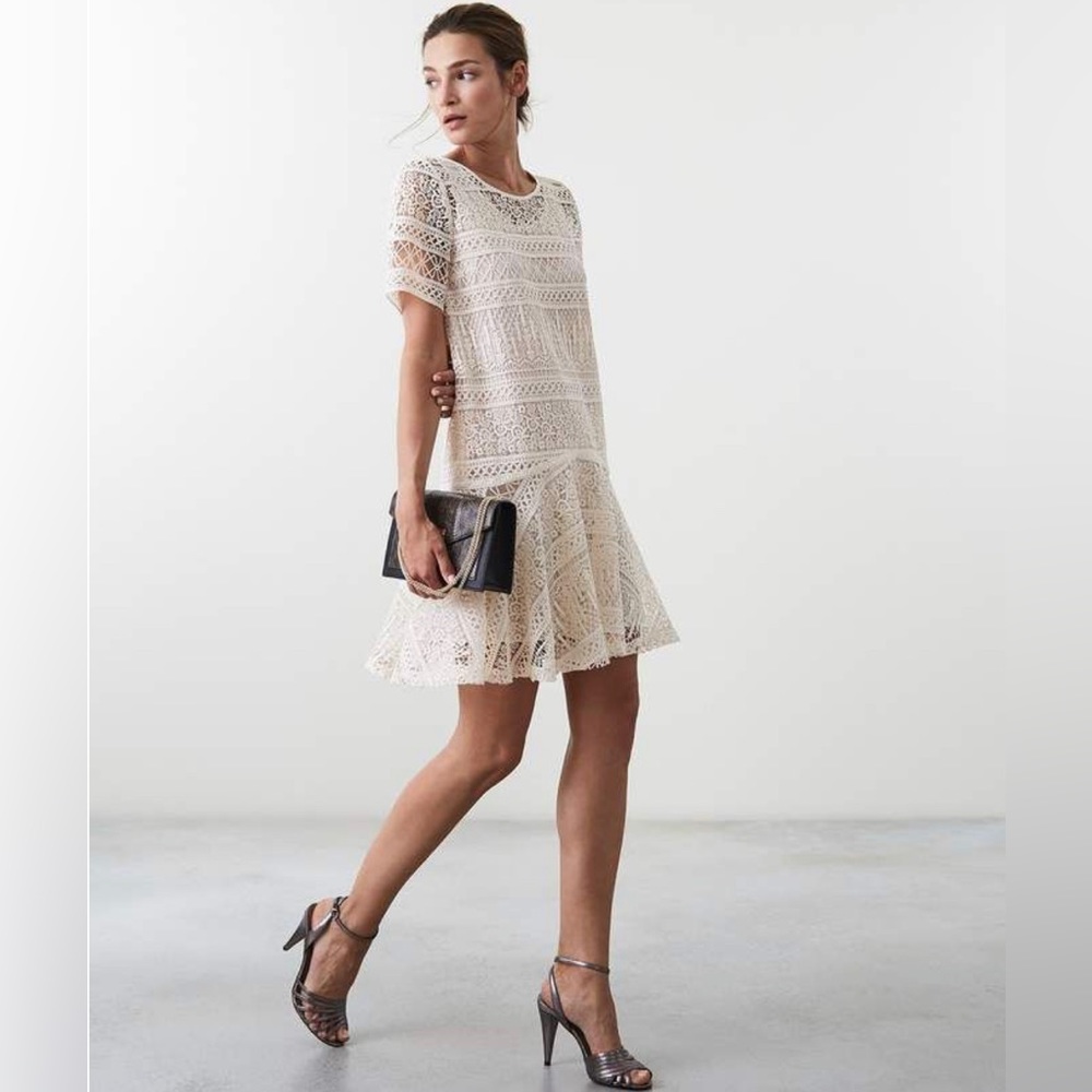 Reiss Linda Lace Mini Shift Dress 6 Neutral Oversized Dropwaist